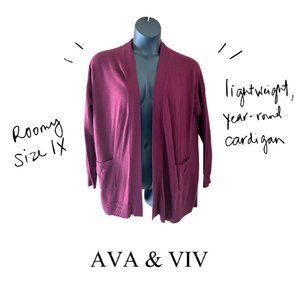Like new Ava & Viv Maroon Mid-Length Lightweight Cardigan with Pockets, 1X
